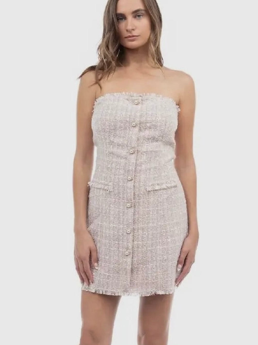 Naked Zebra Strapless Tweed Mini Dress in Blush